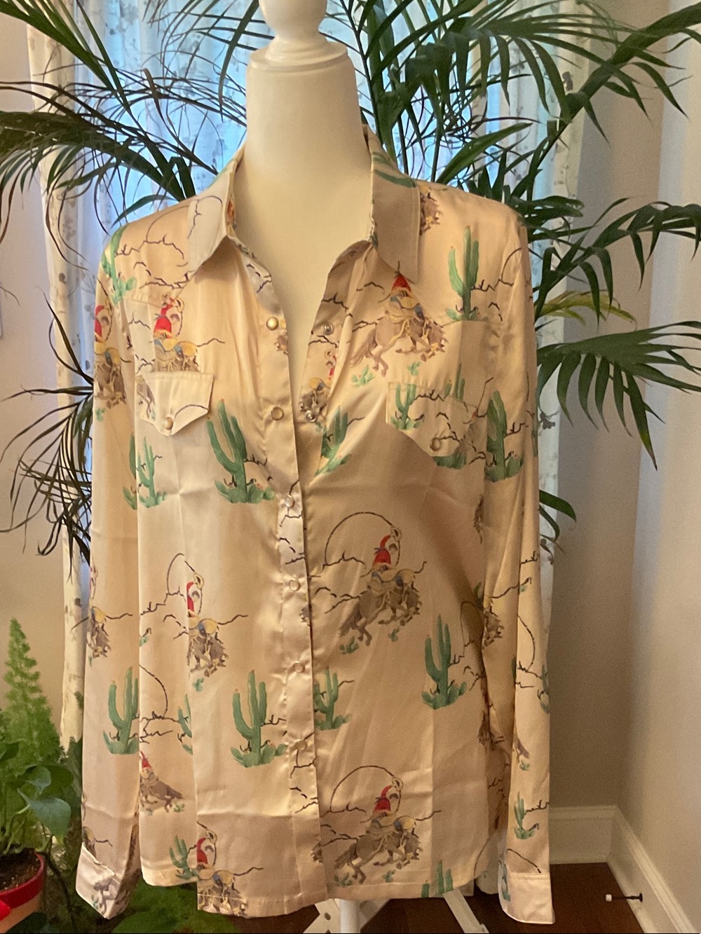 Outback Trading Co. - Cream/Tan Sateen Women’s Western Print Long Sleeve Blouse